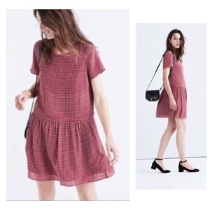 Madewell Women's Size 2 Silk Short Sleeve Ascot Tile Drop Waist Dress Burgundy
